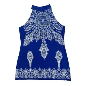 Monroe And Main Womens Tank Dress Blue and White Damask Stretch Midi Halter LG